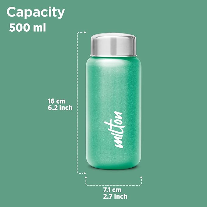 MILTON Aqua 500 Stainless Steel Water Bottle 500 ml, Single Walled, ISI Certified I Leak Proof Lid, Rust Proof I For School, Office, Gym I Light Green